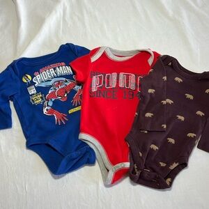 0-3M Spider-Man, Puma and Bears onesie bundle